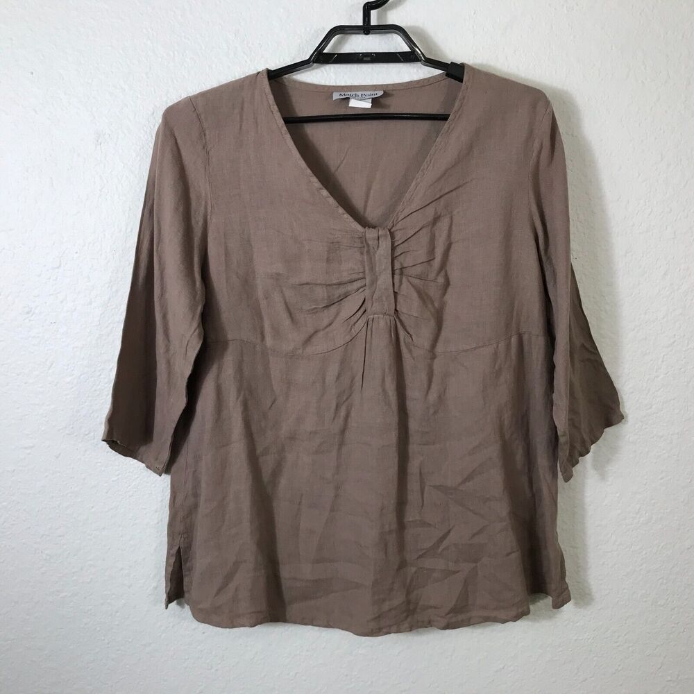 Match Point Top Women's Size Small Brown Linen 3/4 Sleeve‎ V-Neck